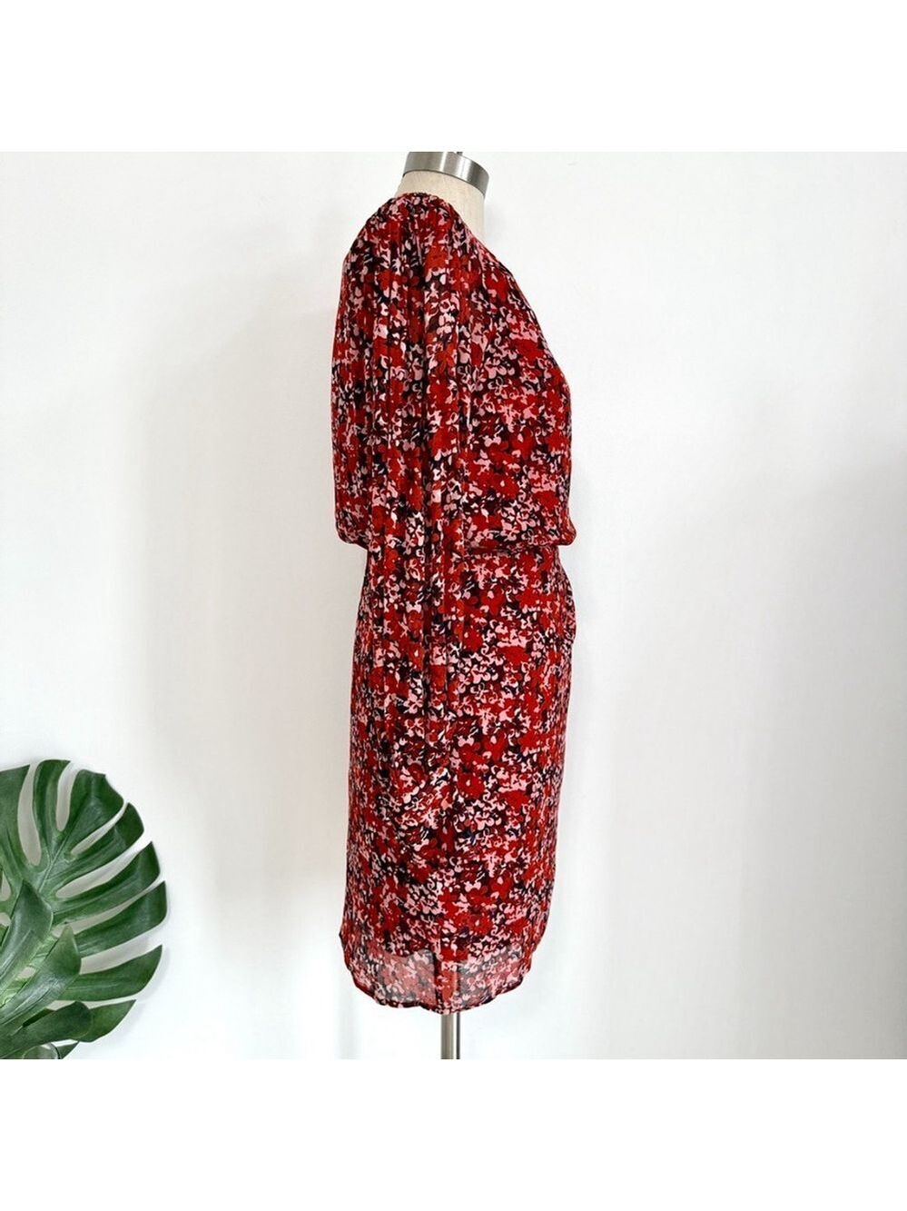 The Kooples Red Floral Long Sheer Sleeve Mini Wrap Dress Womens Size 0 Paris - Picture 5 of 15